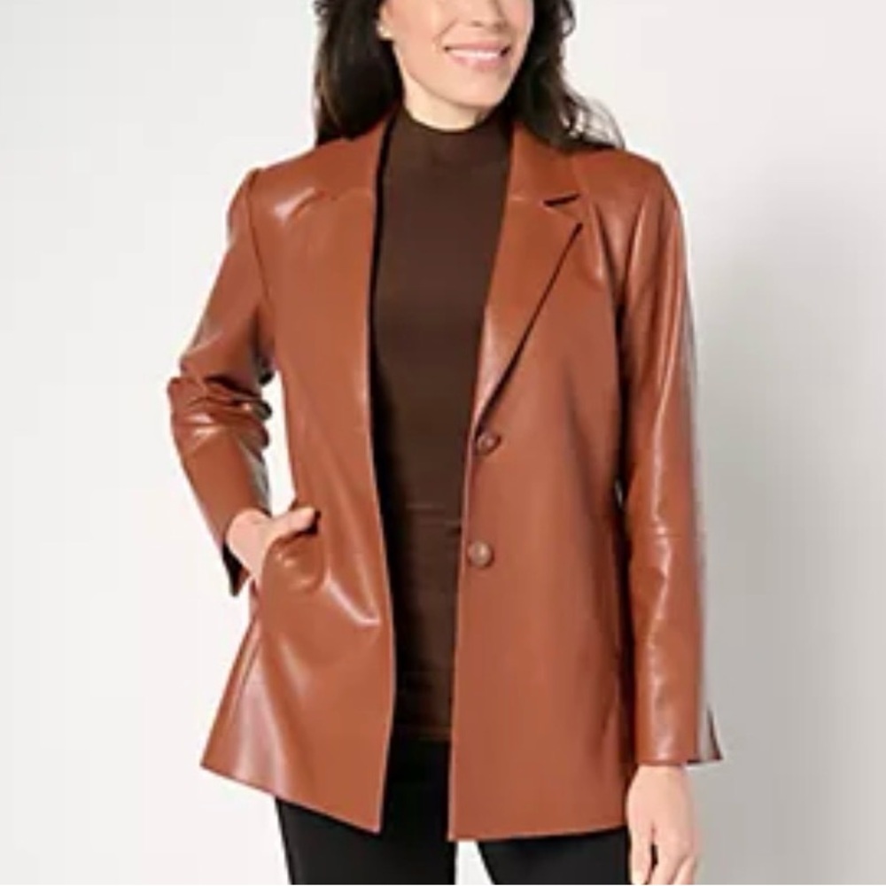 Dennis Basso cream faux Leather Blazer